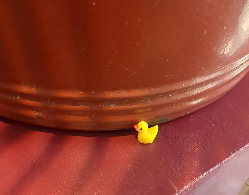 Close up picture of a miniature duck on a red column from the Eden Restaurant in Saarbrucken